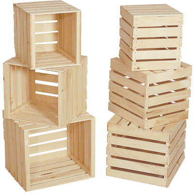 A stack of wooden crates 3 boxes high.