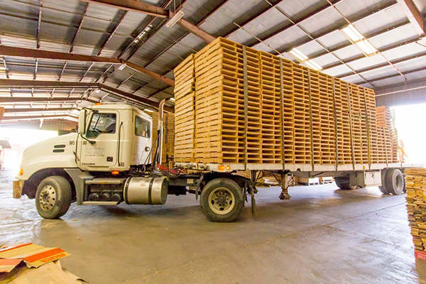A flatbed truck with stacks of pallets strapped to it.